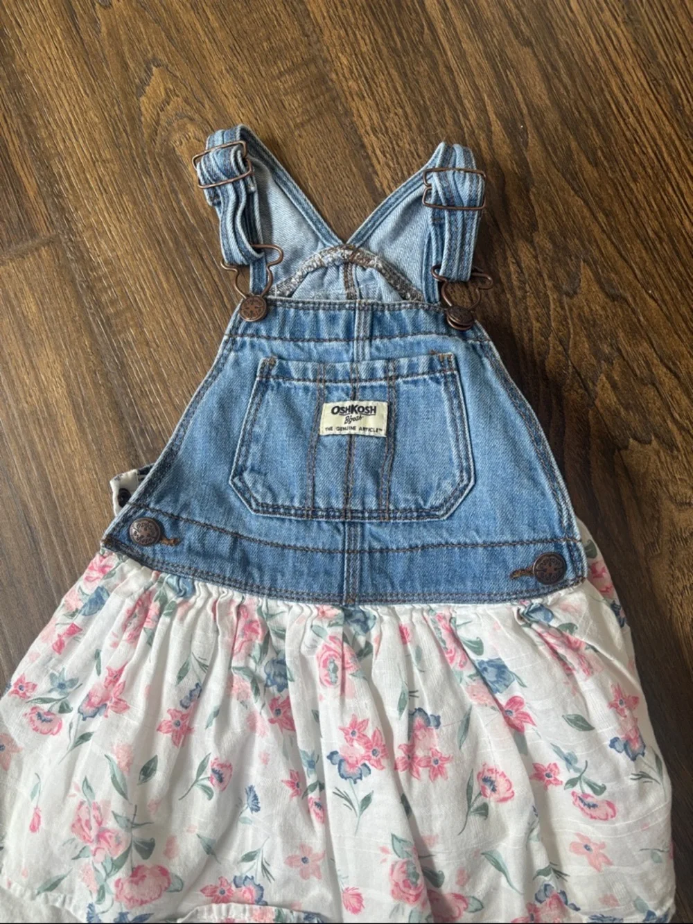 OshKosh B'gosh Denim Overall Dress with Floral Skirt - Light Blue & White